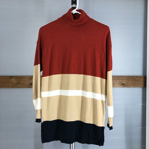 Bartolini merino wool blend colorblock turtleneck burnt red tan white sz M - Picture 2 of 7